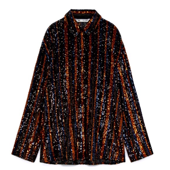 Zara sequin top black and orangey bronze button up shirt size Medium - Picture 6 of 13